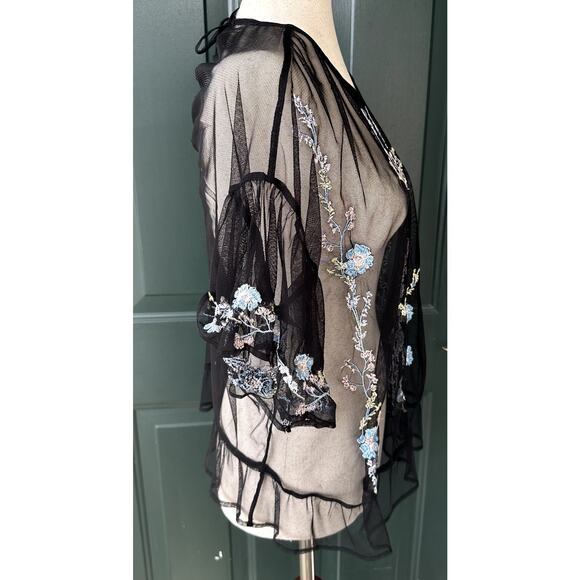 Sheer Black Mesh Ruffle Top Sz M w/ Floral Embroidery Whimsigoth Dark Floral - Picture 6 of 9